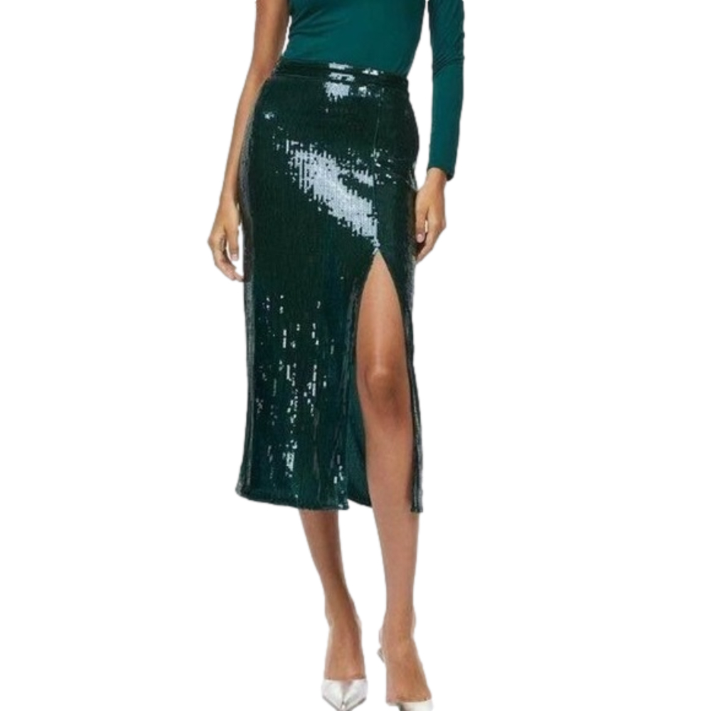Green Sequin Midi Skirt Size XL 14 Leg Slit Mermaidcore Skirt NWT H&M Metallic